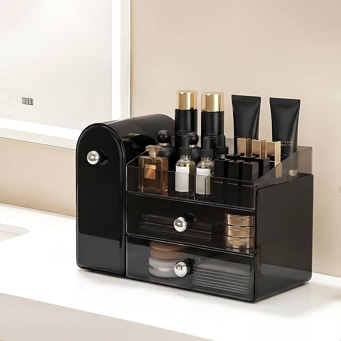 lurcns Makeup Organizer with Dustproof Brush Holder for Vanity, Large Cosmetics Organizer and Bathroom Countertop Skincare Storage with 2 Clear Drawers for Lipstick, Perfume, Eyeshadow Palettes,Black - Image 4