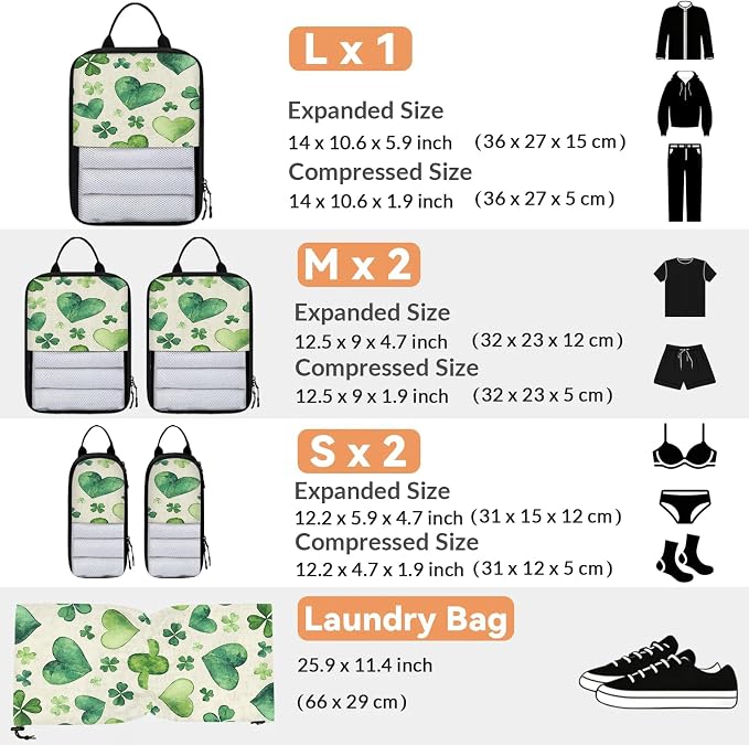 Clover Shamrock Irish St Patrick's Day Compressible Packing Cubes for Suitcase 6 Set Lightweight Expandable Compression Packing Travel Luggage Organizer - Image 2