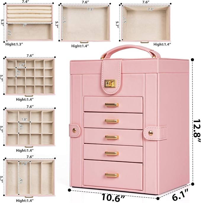 AKOZLIN 6-Tier Jewelry Box Organizer Functional 5 Drawers Leather Jewelry Storage Case for Women Girls Ring Necklace Earring Bracelet Holder Organizer with Mirror Light Pink Large - Image 6