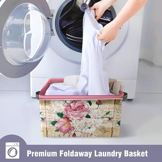 Vintage Rose Floral Foldable Baskets Storage Bins with Handles, Decorative Cloth Organizer Storage Boxes 2 sets - Image 8
