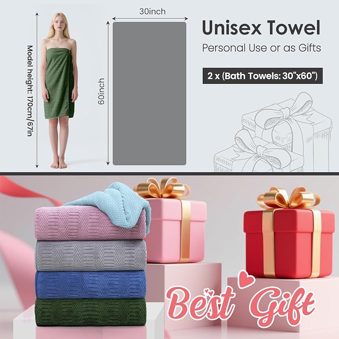 JML Microfiber Bath Towels, Large Bathroom Towel for Adult, Pack of 2, 30" x 60", Soft, Super Absorbent and Fast Drying, Use for Hair Wrap, Sport, Fitness, Yoga, Diamond Cross Grid Olive-Green - Image 2