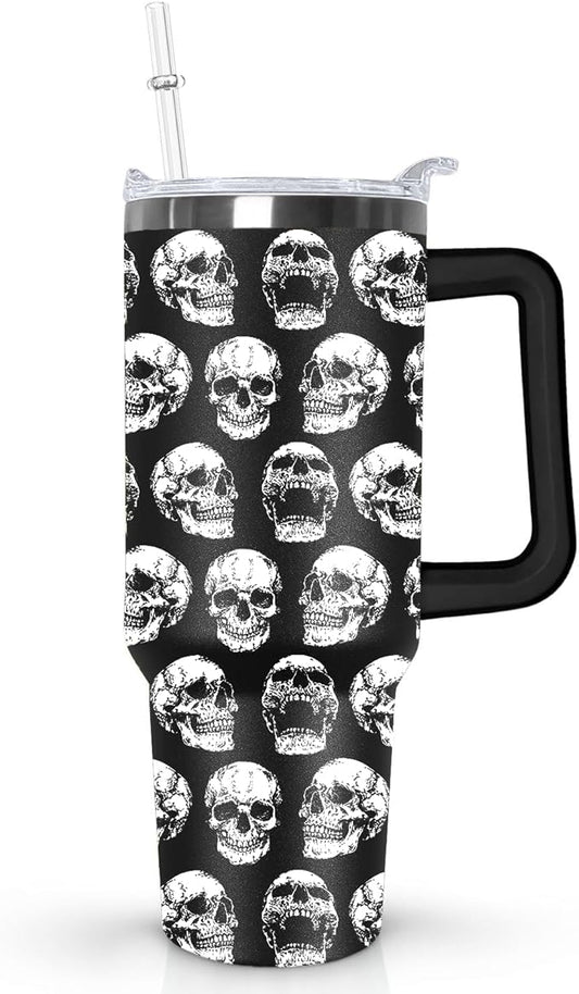 30oz Skull Tumbler with Handle Lid and Straw, Goth Halloween Decor Stuff for Women,Goth Halloween Decor Witch Skull Stuff