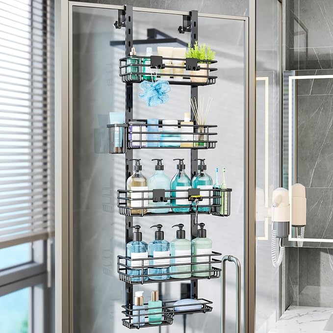 Consumest Over The Door Shower Caddy - 5 Tier Adjustable Shower Organizer Hanging with 2 Toothbrush Holders & 4 Hooks, Rustproof Organizer Shelf, Storage Rack for Bathroom, Black by Consumest