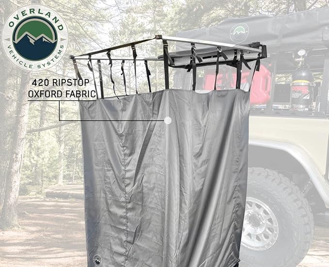 Overland Vehicle Systems HD Nomadic Car Side Shower Room with Black 1000G PVC Travel Cover, Universal L - Brackets, Dark Grey Body with Silver Inner Lining - Image 4