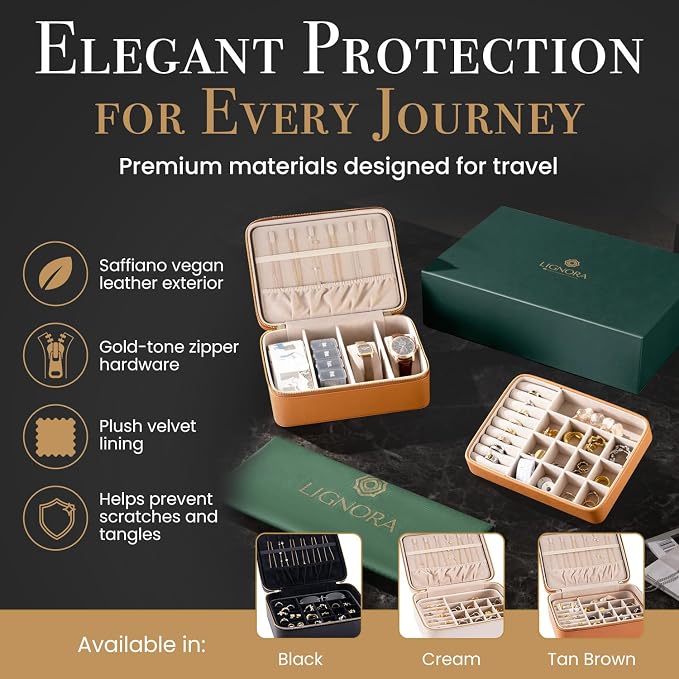 Jewelry Box for Travel – Premium Leather Jewelry Box for Women & Men with Gold-Tone Zipper Hardware, Multi-Compartment Jewelry Organizer, (Brown) - Image 3