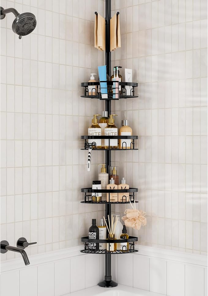 cutefafa Rustproof Corner Shower Caddy Freestanding Tension Pole, 4 Large Baskets for Bathtub Shampoo Storage Organizer Bathroom Height Adjustable Shelves from 23.6 to 114.5 Inch with Towel Bar by cutefafa