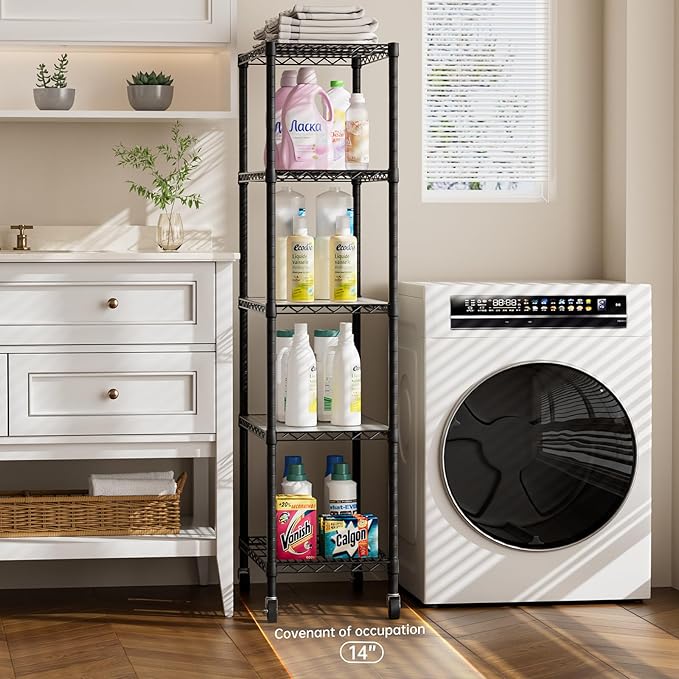 Golpart 5 Tier Shelves Storage Shelf Wire Closet Bathroom Organizers Metal Pantry Kitchen Garage Shelving Unit Laundry Room Organization Home Rack Net Basket Black with Wheels 14”D X 24”W X 61.2”H - Image 3
