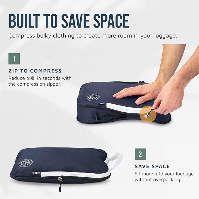 Large Compression Packing Cubes for Travel-Packing Cube Luggage Organizers 7 Piece Set for Checked Luggage-Ultralight, Expandable/Compression Bags by TRIPPED Travel Gear (Navy/White) - Image 5