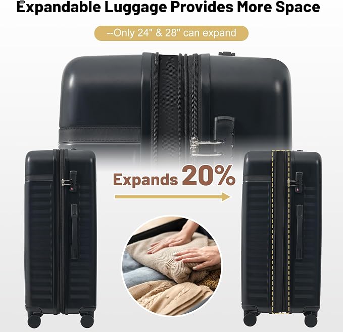 Merax Luggage Sets, Durable Hardshell 3 Piece Suitcase with Bags | Lightweight Carry on Luggage with Double Spinner Wheels and TSA Lock,20+24+28 inches,Black - Image 3