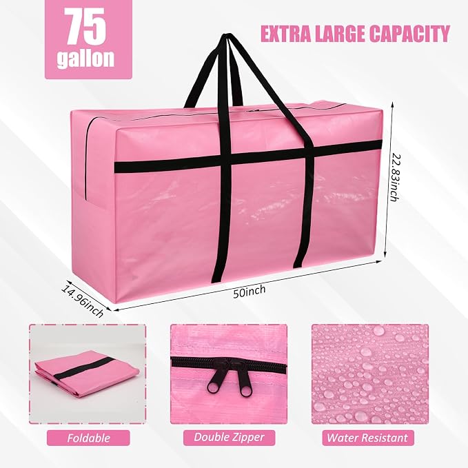 Windyun 4 Pack 75 Gallon Extra Large Moving Bags XXL Heavy Duty Storage Bag with Strong Zipper Handle Jumbo Big Tote Box Foldable for College Dorm Travel Clothes Duffle Blanket Pillow(Pink) - Image 2