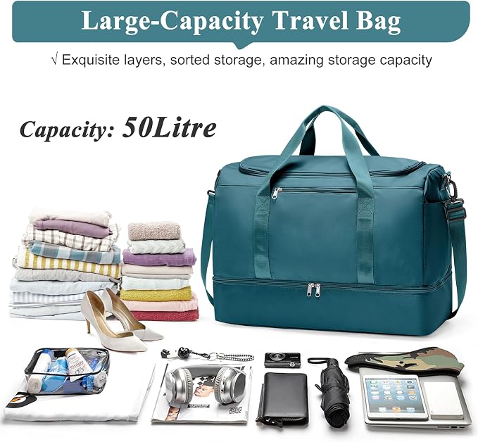 Travel Duffle Bag with Shoes Compartment,Carry-On Weekender Bags for Women | Overnight Weekend Bag for Travel Business Trips Sport Hospital,Peacock Blue,Large - Image 3