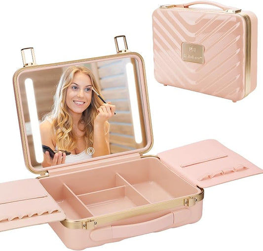 Kalolary Travel Makeup Train Cases with Lighted Mirror 3 Color Setting | Makeup Bag Cosmetic Case Organizer Adjustable Brightness Portable Makeup Storage Box For Makeup Brushes Accessories,Pink by Kalolary