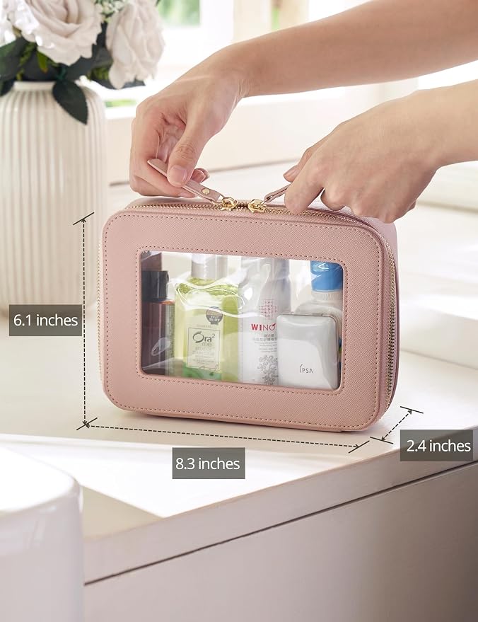 Popvibe Clear Makeup Case Pink Toiletry Bag Travel Medium Clear Cosmetic Bag with Zipper, Small Make Up Bag Organizer Traveling TSA Approved Transparent Bag Car for Essentials - Image 3