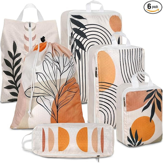 6 Pcs Compression Packing Cubes Waterproof Suitcase Travel Bag Luggage Backpack Organizer Travel Cubes for Packing-Bohemian by Unknown