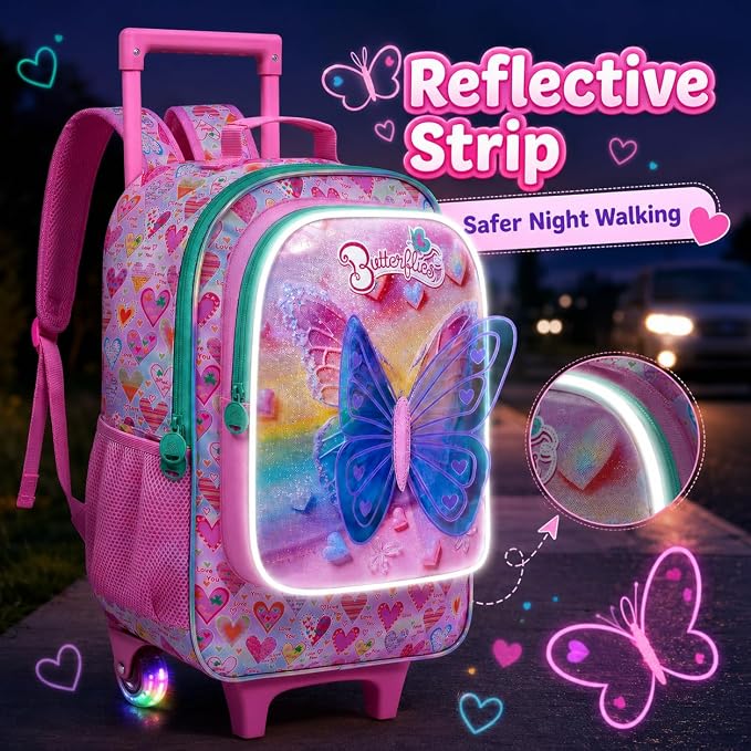 AGSDON 3PCS Rolling Backpack for Girls Boys, Kids Roller Wheels Bookbag, Wheeled School Bag with Lunch Bag - Image 4