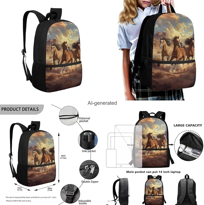 Brown Horse Girls Backpack with Lunch Box and Water Bottle Sleeve Kindergarten Bookbag Toddler School Bags Set Lightweight Fashion Casual Daypack for Beach Swim Work Gym - Image 3