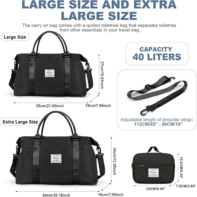 HYC00 Travel Duffel Bag with Toiletry Bag,Weekender Overnight Bag for Women,Carry-on Bag with Wet Pocket,Gym Bag,Extra Large,Black - Image 2