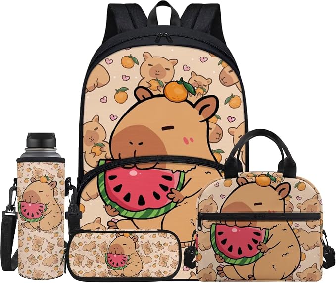 Capybara Watermelon Backpack Set for Kids, Brown School Bookbag for Girls Boys, 4 Pcs Travel Backpack Bookbag Lunch Box Pen Case Water Bottle Bag Fits 17" Laptop Knapsack Rucksack by Jndtueit