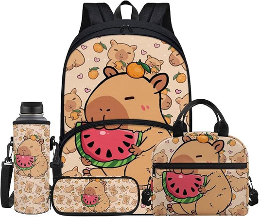 Capybara Watermelon Backpack Set for Kids, Brown School Bookbag for Girls Boys, 4 Pcs Travel Backpack Bookbag Lunch Box Pen Case Water Bottle Bag Fits 17" Laptop Knapsack Rucksack by Jndtueit