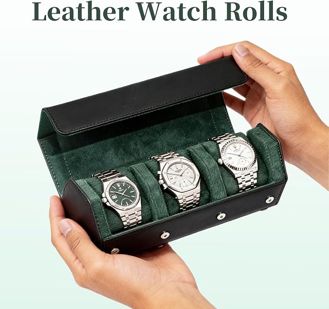 Luxury Hexagonal Leather Travel Watch Roll for 3 Watches, Black Green | Multiple Watch Capacity,Premium Hexagon Leather,Velvet M-Shaped Cushions,Secure Snap Closure,Storage Organizer - Image 2