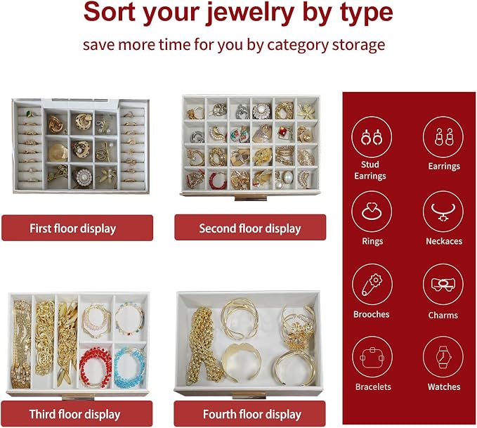 BOOVO Jewelry Boxes for Women, White and Black 6 Layer Large Jewelry Box for Necklace, Bracelet, Earrings, Rings Storage, Jewelry holder Organizer for Girls Gift (Champagne, 5 Layer) - Image 3