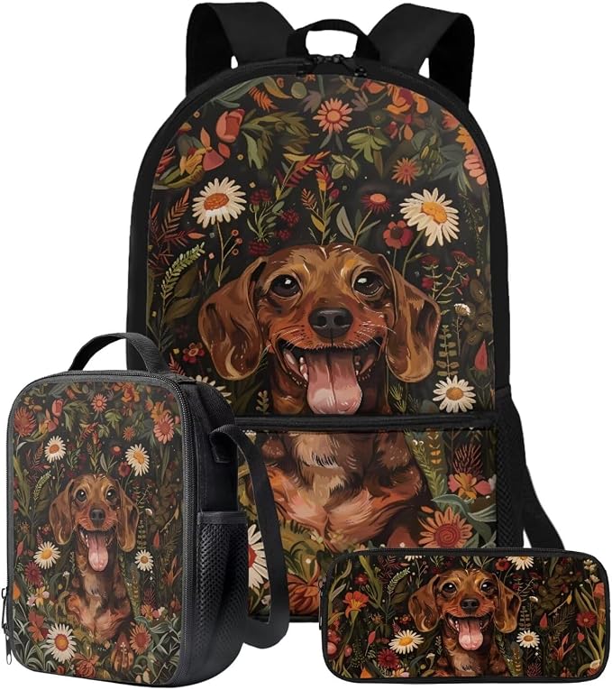 Dachshund Dog Retro Flower Print Backpack Set Boys Girls 17 Inch Travel Laptop Backpacks Large Capacity Schoolbag Lunch Box Pencil Case Lightweight Rucksack Casual Daypack by ZIATUBLES