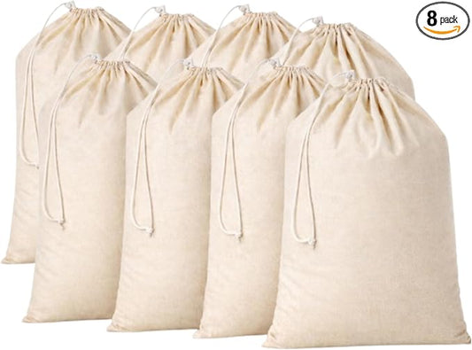 8 Pack Reusable Laundry Bags - 100% Cotton Multi Purpose Travel Laundry Bag - Durable & Machine Washable - Large Laundry Bag 28 x 36" by Lenenz