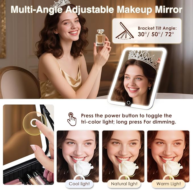 Faquenc Makeup Bag with LED Lighted Mirror 12.2 IN Travel Makeup Bag Adjustable Brightness in 3 Colors Cosmetic Organizer Artist Storage Bag with Dividers Brush Holder Bag Vanity Beige - Image 6