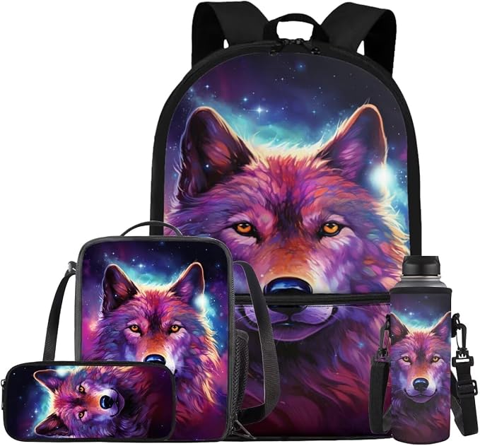 Galaxy Wolf Backpack for Girls Kids Backpack with Lunch Box Water Bottle Carrier with Strap and Pencil Case 4PCS Set Bookbag with Front Pocket for School 17 inch Large Elementary School Bag by ELEDIZI