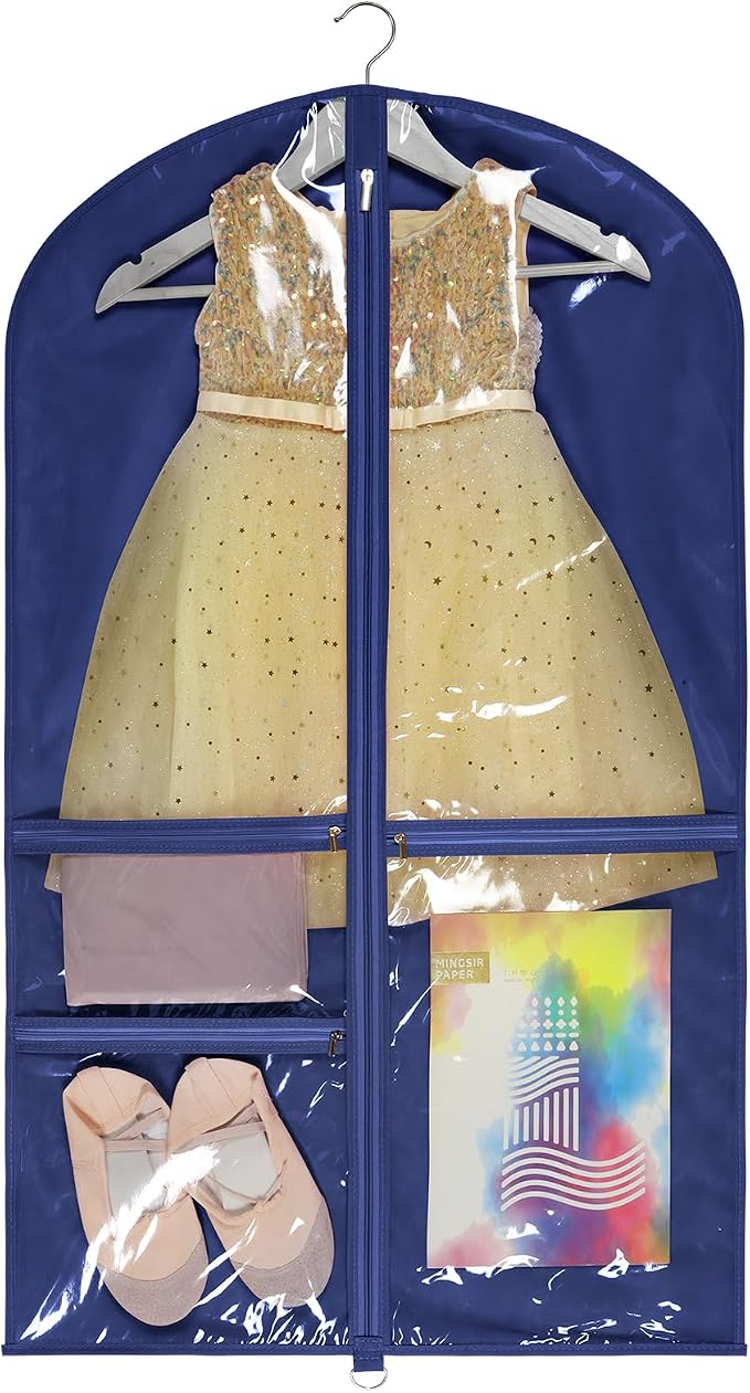 Univivi Kids Garment Bags for Dance Costumes 40 Inch Hanging Dance Costume Bag for Dance Competitions, with 3 Medium Clear Zipper Pockets for Dance Costumes, Closet Storage (Navy Blue), 1 Pack by Univivi