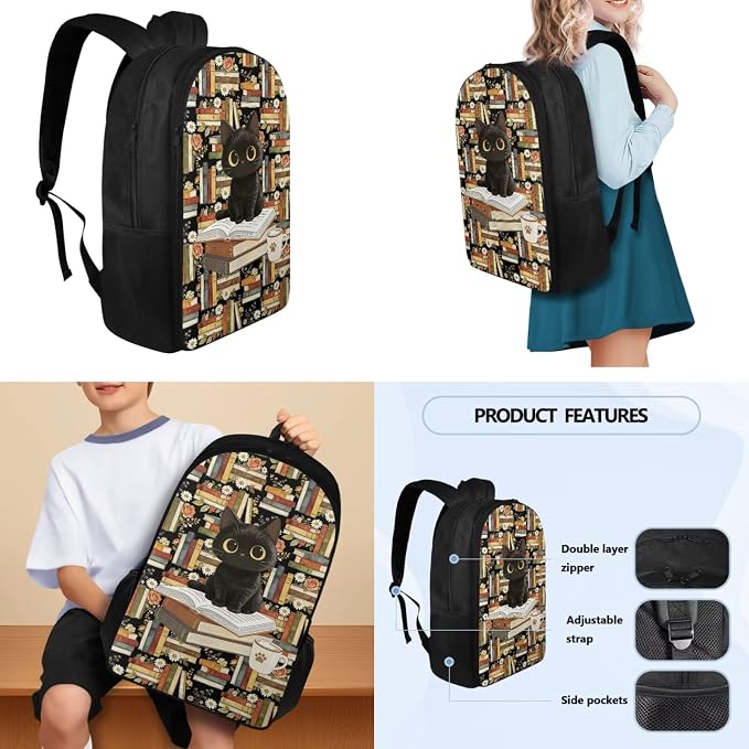 Kids Cat Books Bagpack Set with Leakproof Lunch Bag Pencil Pouch Water Bottle Organizer, Double Zipper Large Capacity Travel Book Bag Rucksack for Girls - Image 3