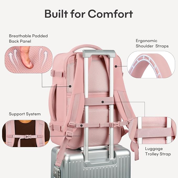 mibasies 40L Travel Backpack for Women & Men: Carry On Luggage Flight Approved, TSA Laptop Backpack with Water Bottle Pocket, Personal Item Bag Fits 17" Laptop for Weekender Business - Pink - Image 8