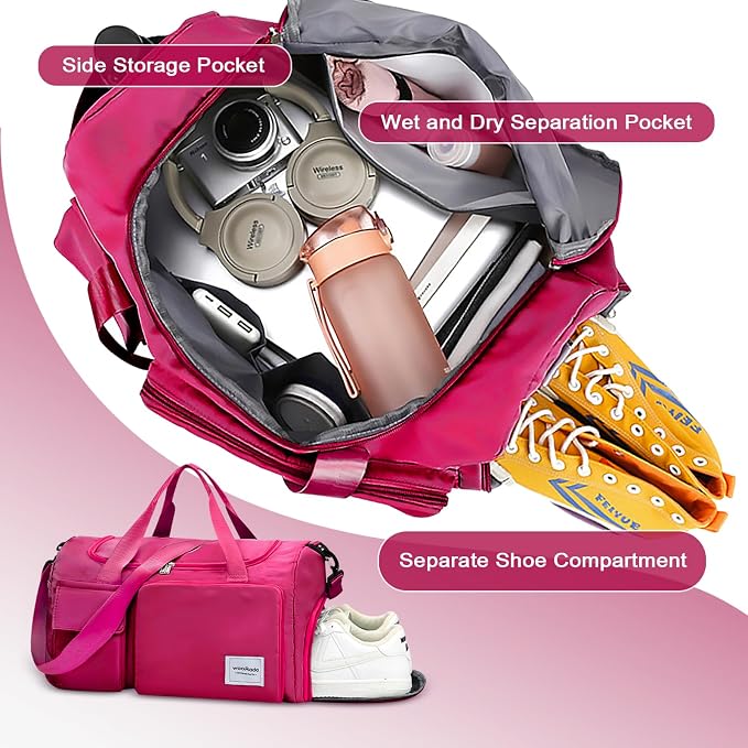 WOOMADA Foldable Travel Duffel Bag with Shoes Compartment, Overnight Bag with Wet Pocket & Trolley Sleeve, Weekender Bags for Women(A-rose red) - Image 5
