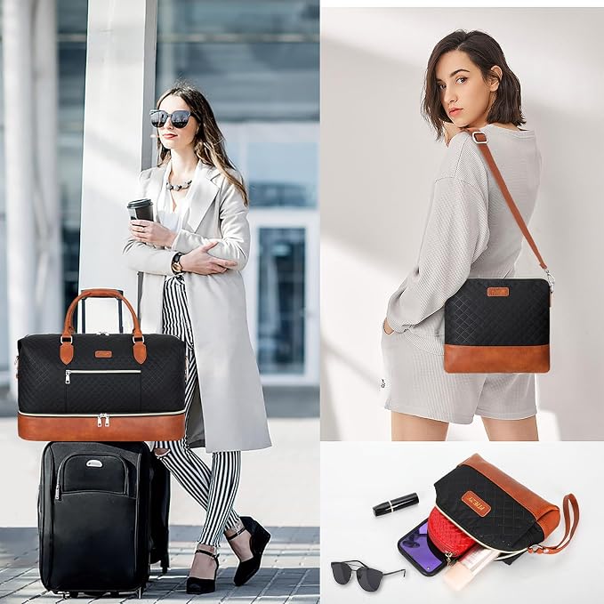 ITIEZY Weekender Overnight Bag for Women - Large Travel Duffel Bag with Shoe Compartment, Gym Duffel Bag Hospital Bag Carry On Tote Bags for Airplanes with Crossbody Bag Toiletry Bag 3Pcs Set - Image 3