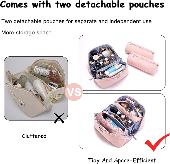 BOYATU Travel Makeup Bag for Women: Cosmetic Organizer Bag with Compartments - Leather Make up Bags Set of 3 (G-3-Pink) - Image 6