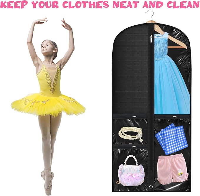 6 Pcs 24'' x 50'' Clear PVC Garment Bag Dance Costume Competition Bag with Rack Zippers Pockets Hanging Garment Covers Costume Organizer Costume Carrier for Adults Kids(Black) - Image 5