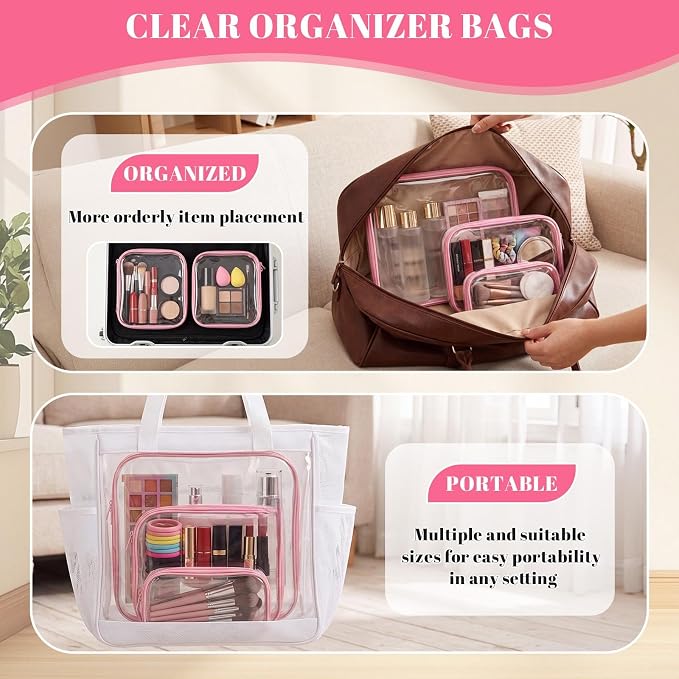 12 Pack Clear Hard Shell Zipper Case with 40 Labels, X-Large/Medium/Small Stackable Clear Pouches, Crush-resistant Travel Toiletry Bag Organizer for Makeup Board Games Electronics (Pink) - Image 4