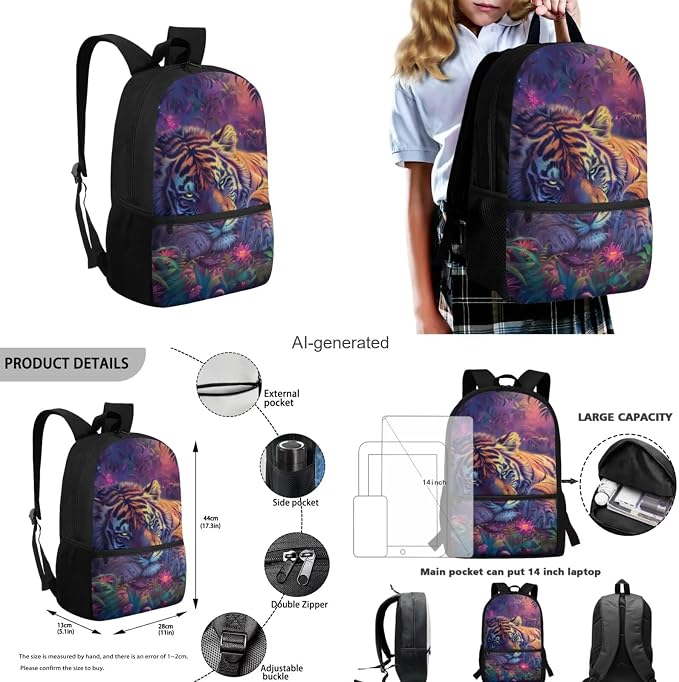 Tiger Backpack for Kids Girls Backpack with Lunch Box Water Bottle Holder with Strap and Soft Pencil Case 4PCS Set Bookbag with Front Pocket 17 inch Large Capacity School Bag with Side Pocket - Image 3