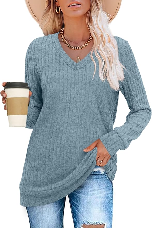 Sampeel V Neck Long Sleeve Shirts for Women Casual Fall Tops Lightweight Tunic Sweaters Fashion Clothes Loose Fit 2025
