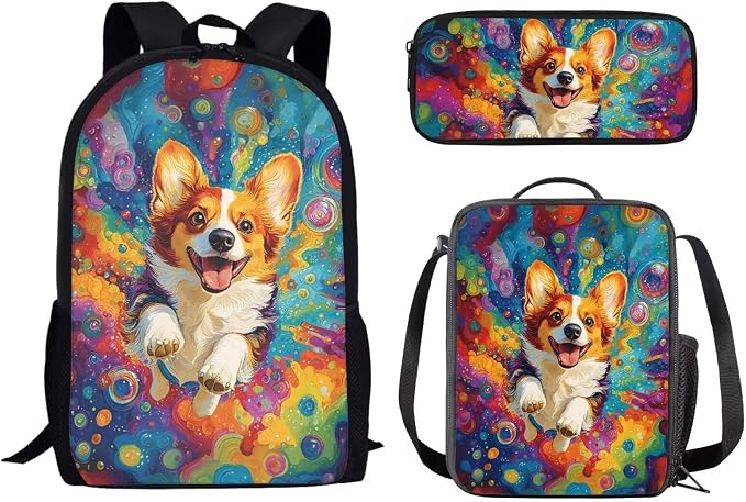 Mumeson Corgi Student 3 in 1 Backpack Set for Middle High School Cute Bookbag Sets with Lunch Box Pencil Case Set for Boys Girls Large Capacity Travel Daypack Rucksack by Mumeson
