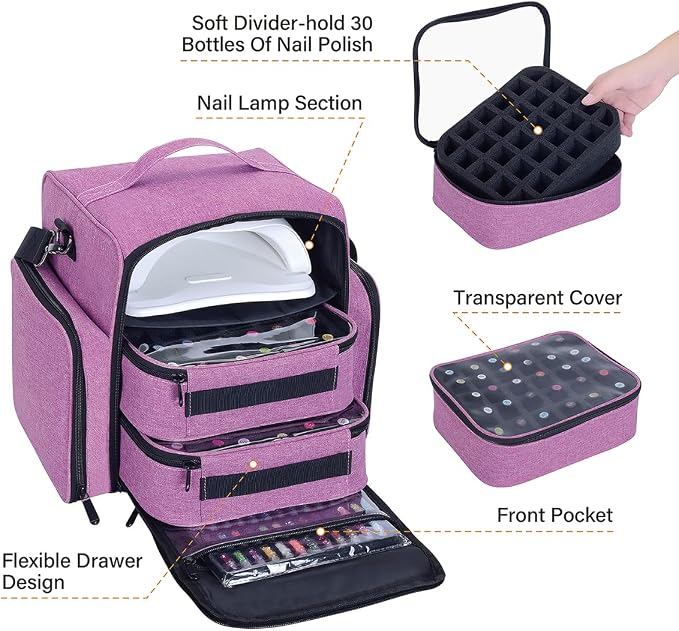 Nail Polish Organizer Case Hold 60 Bottle with 2 Detachable Bag,Purple | Portable Travel Storage Box Designed for Women's Nail Tools, Essential Oils and Cosmetics Sets - Image 3