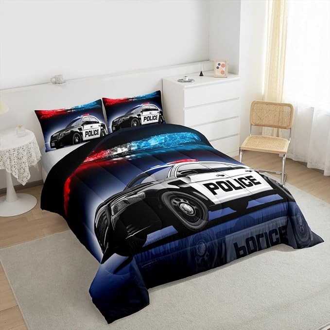 Erosebridal Police Car Comforter Sets King Size,Policeman Vehicle Bedding Set for Kids Boys Children,Red Blue Cop Lights Down Comforter Geometric Graphics Duvet Sets Bedroom Decor with 2 Pillow Cases - Image 6