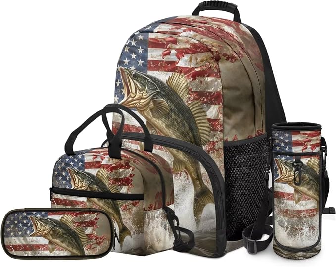 Bass Fishing Backpack 4 Pieces American Flag School Backpack with Lunch Bag Handbag Pencil Case Water Bottle Sling Bag Elementary Middle Rucksack Travel Bookbag - Image 2