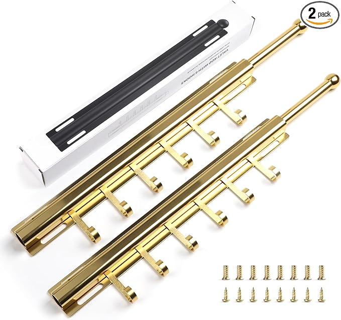 BaiNong Valet Rod for Closets Pull Out 16.5" Gold with 6 Hooks (2Pack) | Closet Valet Rod Slide Out for Closets, Laundry Rooms, RVs Space-Saving by BaiNong
