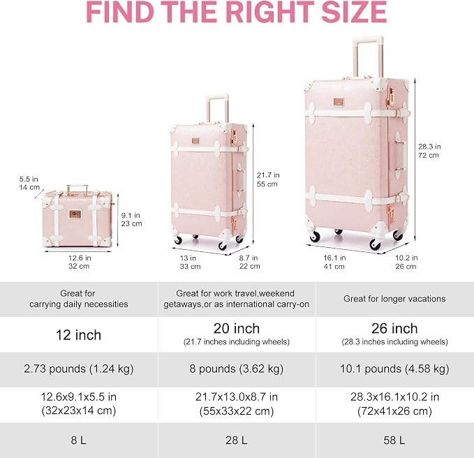 urecity 20" Elegant Pink Vintage Luggage Set 2 Piece, Aluminum Frame Retro Carry On Suitcase with Cosmetic Case, Vegan Leather Spinner Trunk for Women (Clear Cover Included) - Image 6