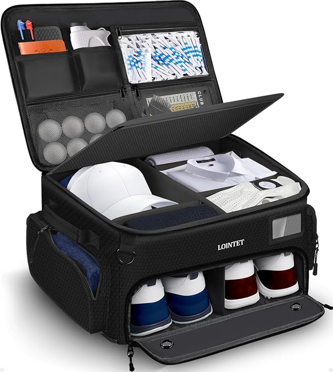 LOINTET Golf Trunk Organizer, Waterproof Car Golf Locker with Separate Ventilated Compartment for 2 Pair Shoes, Golf Storage for Balls, Tees, Cap, Clothes, Gloves, Accessories, Gifts for Men, Women by LOINTET