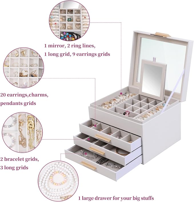 BOOVO Clear Lid Jewelry Box,3 Layers Jewelry Organizer Large Jewelry Storage Box with 2 Drawers,Jewelry Holder Organzier of Rings Earrings Necklace Bracelets for Women (White, 4 Layer) - Image 5