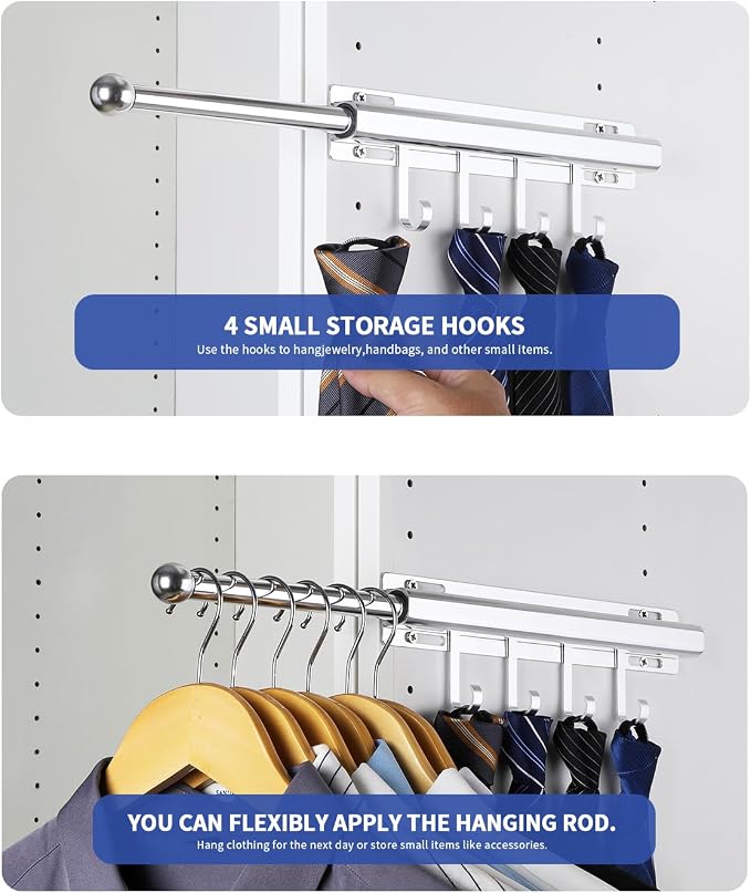 BaiNong Valet Rod for Closets Pull Out 12" Silver with 4 Hooks (2Pack) | Closet Valet Rod Slide Out for Closets, Laundry Rooms, RVs Space-Saving - Image 3