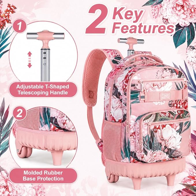 3Pcs Rolling Backpack for Girls Women, 19 Inche Adults Roller Bag with Wheels, Flower Wheeled Bookbag with Lunch Box(Pink) - Image 5