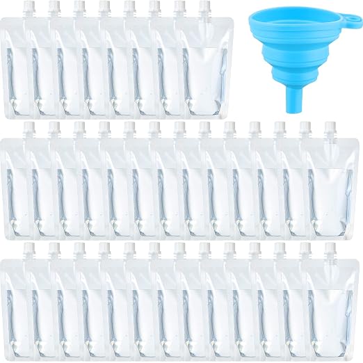Patelai 150 Pieces Plastic Liquid Pouch Reusable Juice Pouches Travel Water Leak Proof Bags Bulk with Collapsible Silicone Funnel for Travel Outdoor (8 oz) by Patelai
